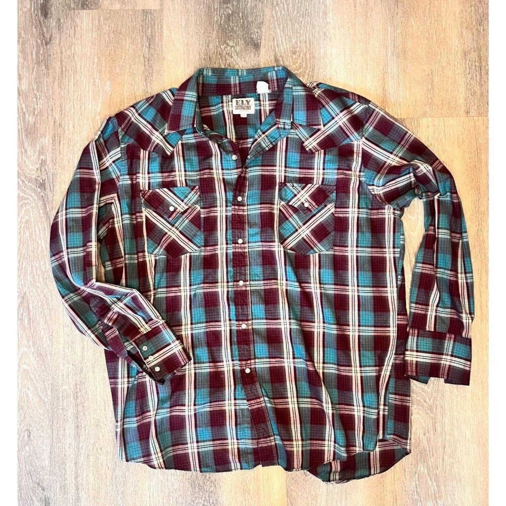 Mens Ely Cattleman XL Snap-Front Plaid Western Shirt Red/Teal Long Sleeve Cotton